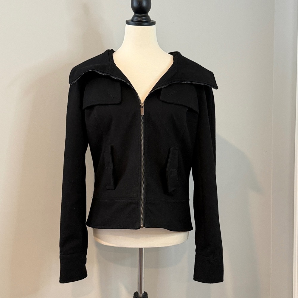 Black Wool Sugarfly Zip Front Jacket Fold Over Collar Utility Pockets - Picture 4 of 16